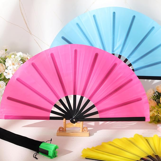 Blulu 4 Pcs 13 Inch Large Folding Hand Fans for Line Dancing Big Clapping Popping Raves Fans Bulk for Dancing Boots on The Ground Festival Party Decoration(Classic Style, Fluorescent Color)