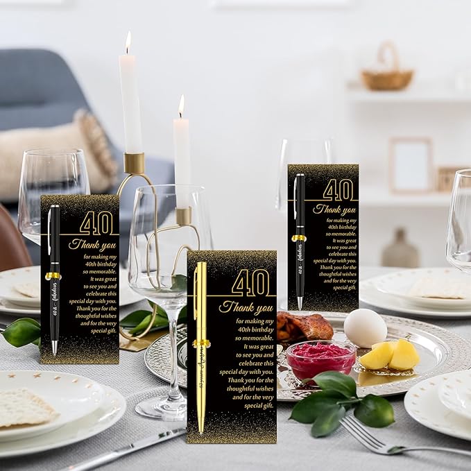 25 Sets 40th Birthday Themed Party Favors for Guests Including Birthday Ballpoint Pens and Black Gold Thank You Cards for Guests New Year Anniversary Appreciation Gifts