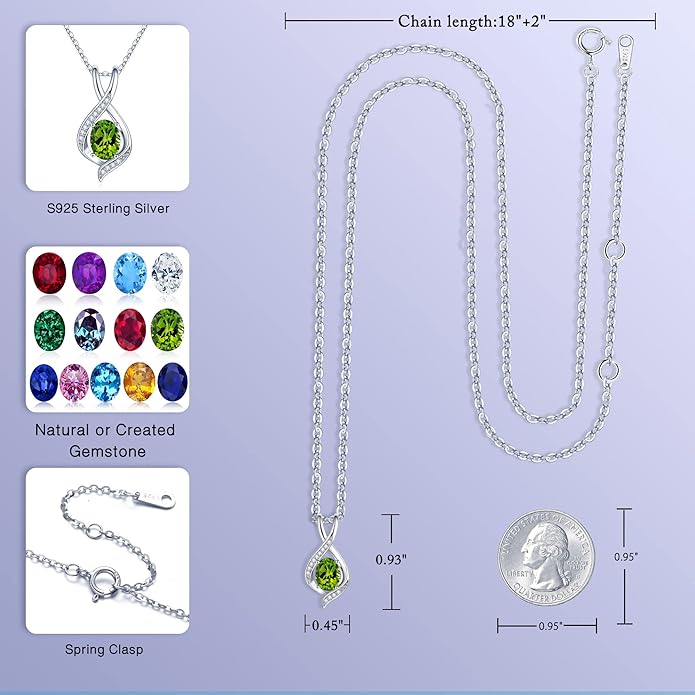 SMILEST Valentines Day Gifts for Women - 925 Sterling Silver Oval Sparkle Birthstone Pendant Necklace, Gemstone Pendant Anniversary Birthday Gifts for Women Wife Girlfriend Mom Birthstone Necklace