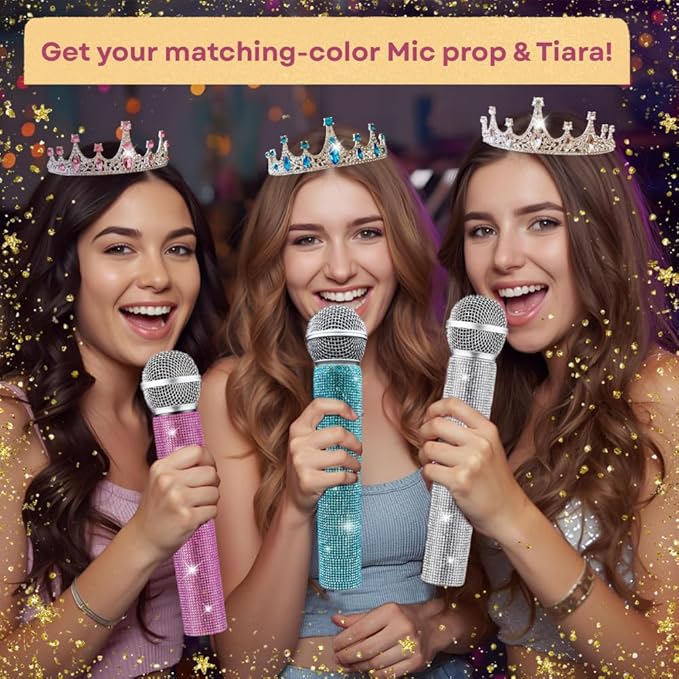 Bling Fake Microphone Prop and Crystal Tiara β Sparkly Rhinestone Toy Mic & Crown Girls Cosplay, Princess Dress Up