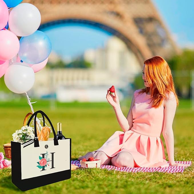 Initial Canvas Tote Bag, Personalized Birthday Gifts for Women Mom Friends Teachers, Monogrammed Tote Bags Suitable for Mother's Day Wedding Beach (Letter H)