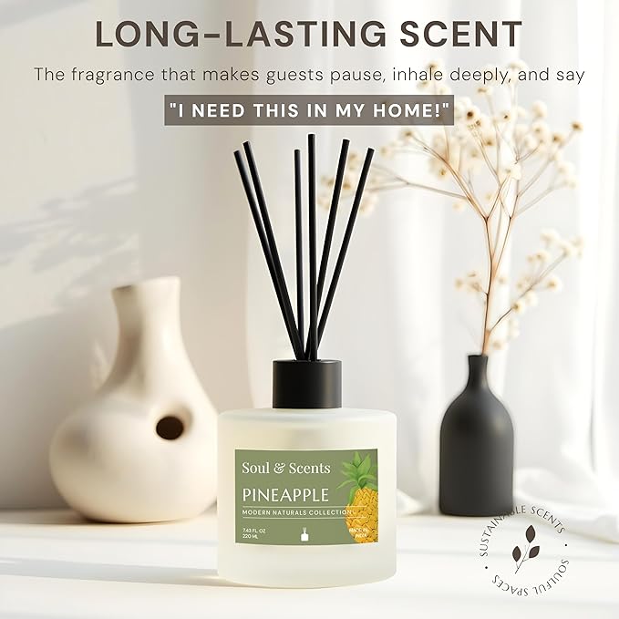 Soul & Scents Reed Diffuser Set – Pineapple | 7.43 oz Refillable Scented Oil with 6 Fiber Sticks | Long-Lasting Home Fragrance & Air Freshener for Bedroom, Bathroom, Office | Gift & Décor Piece
