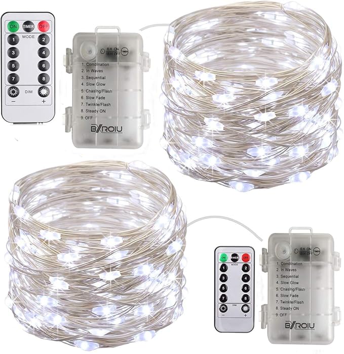 BXROIU 2 x Fairy Lights Battery Operated,Silver Wire Chains 8 Mode 16Ft/5Meter 50 LEDs Timer String Lights with Remote Control for Bedroom Christmas Party Wedding Decoration (Cool White)