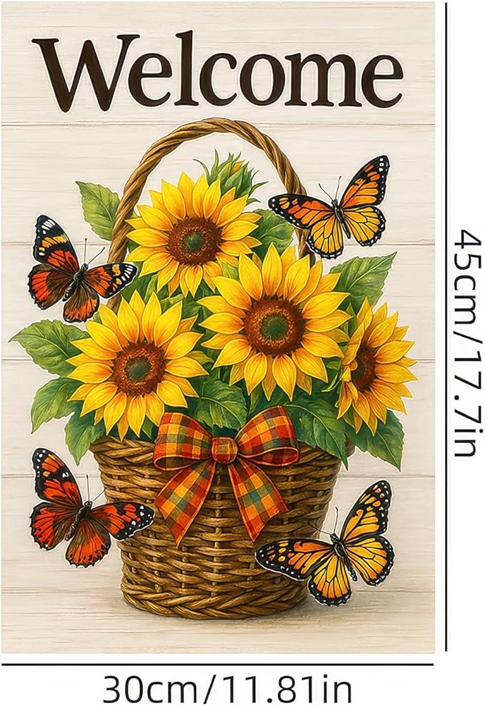 BlissYard Thanksgiving Fall Garden Flag 12x18 Inch Welcome Sunflower Flag Double Sided Outdoor Autumn Yard Banner Basket Butterflies for Porch Lawn Patio Seasonal Decor