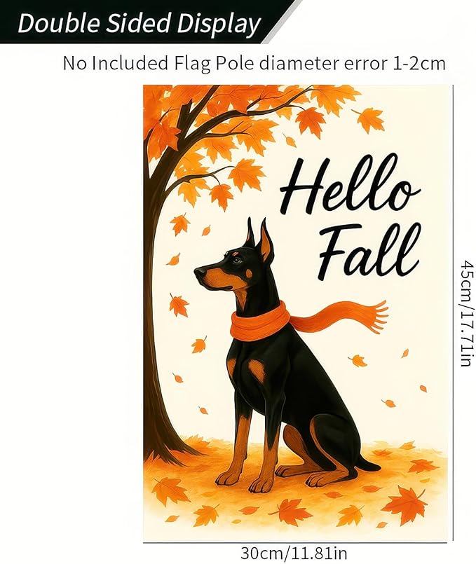 BlissYard Hello Fall Garden Flag 12x18 Inch Double Sided Doberman Dog Flags Autumn Leaves Yard Flag Seasonal Pumpkin Outdoor Small Banner for Fall Porch Lawn Decor