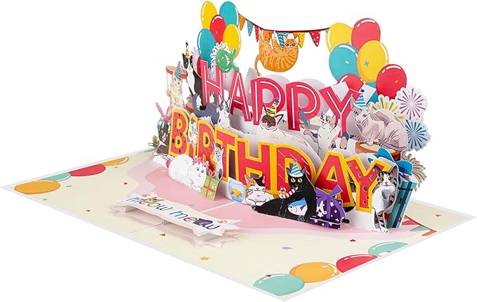 Text Happy Birthday Card w Cats, Birthday Cards for Women, Wife, Her, Pop Up Gifts for Her, Wife, Him, Daughter, Girl, Women, Her kids (HPBD w Cats)