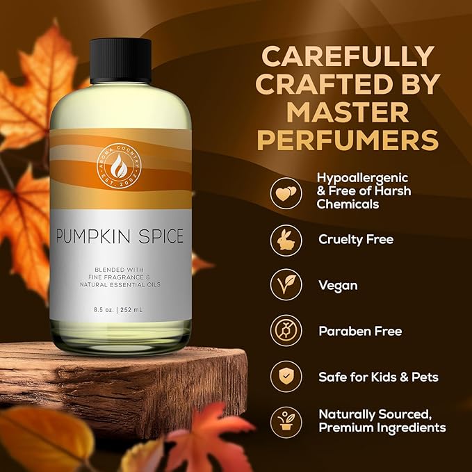 Aroma Country Pumpkin Spice Diffuser Oil - Luxury Essential Oils for Diffuser Refill & Air Freshener Room Spray, Long-Lasting, Natural Home Fragrance for Diffusers & Machines (8.5 Fl Oz)