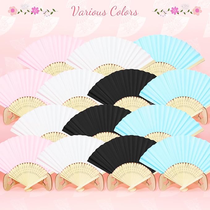 50 Piece Paper Fans - Bamboo Folding Hand Fans for Wedding Party and Home Decoration (Blue)