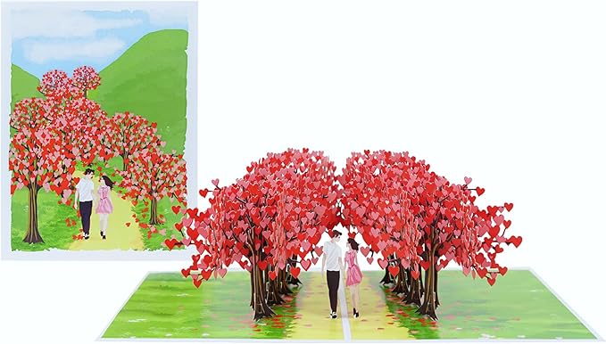 Romantic Couple Heart Tree Path Pop Up Anniversary Cards, 6x8in Wedding Anniversary Card, Valentines Day Card, 3D Gift for Her, Him, Husband, Wife (Heart Tree Path).
