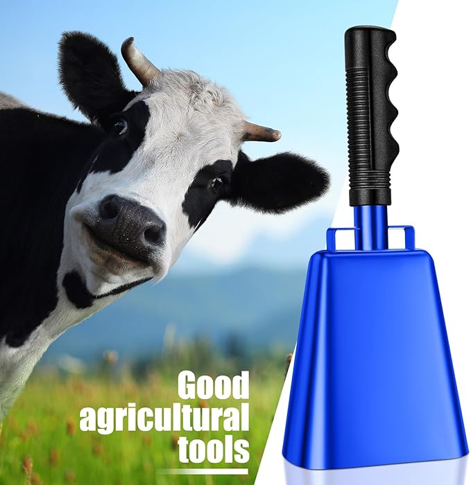 Nuanchu 10 Inch Cowbell Noise Makers for Sport Event Steel Cowbell with Handle and 2 Pcs Wooden Spinning Rattle Ratchet Matraca Cheer Bell Alarm for Football Game Musical Percussion Instruments(Blue)