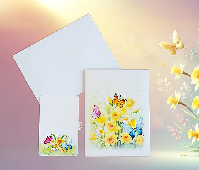 Daffodils with Butterflies 3D Birthday Cards for Women, Mothers Day Cards, 6x8in Pop Up Gift Card for Mom, Wife, Her, Daughter, Sister, Grandma (PQ Daffodils w Butterflies)