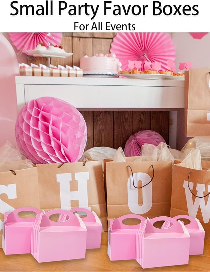 Happyhiram 25 Pcs Party Treat Boxes Pink for Girls, 6 Inch Valentines Candy Boxes Party Favors with Handle Paper Cookie Gift Bags Gable Boxes Snack Goodie Bags for Kids Unicorn Peppa Pig Barbie Theme Birthday Baby Shower Bridal Shower