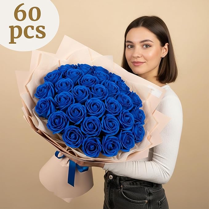 Auihiay 60PCS Fake Blue Roses, Artificial Blue Flowers, Silk Faux Rose with Long Stems for Wedding Centerpieces, Cake, DIY Floral Arrangement, Home Decor, Anniversary, Valentine's Day Decorations
