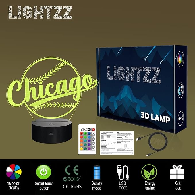 Baseball Gifts, Baseball Night Light, 3D Illusion Lamp for Boys Gift 16 Changing Color Remote Control Kids Room Lighting Ball Decor (Chicago)