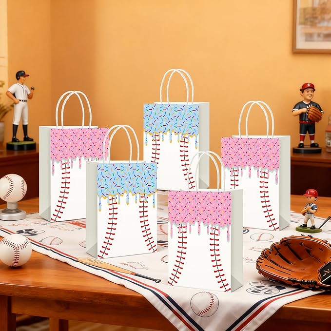 24 Pcs Baseball Ice Cream Drip Gift Goodie Bags with Handles Baseball Ice Cream Drip Party Favors Kraft Snack Goodie Treat Bags for Sport Stuff Team Gift Birthday Supplies(Pink,Blue)