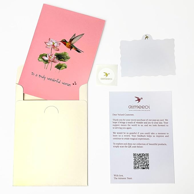 Pop Up Birthday Cards for Women, Hummingbird 3D Birthday Card, Beautiful Hummingbird and Lotus with Koi Fish Design, Pop Up Cards All Occasion for Mother, Mom, Her, Granmother and Daughter, Mothers Day Card