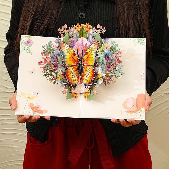 Beautiful Butterfly resting on pink roses pop up birthday card. A beautiful gift for women who love butterflies and roses for Mother's Day, Thanksgiving, Women's Day, Wedding Anniversary,with envelope.