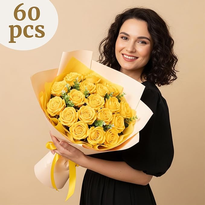 Auihiay 60PCS Yellow Roses Bulk, Yellow Velvet Silk Fake Roses, Realistic Flowers for Wedding Centerpieces, Bridal Bouquets, Home Decor, Baby Shower, Valentine's Day Party Decorations