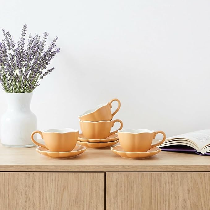 Ceramic Espresso Cups with Saucers 6 oz,Coffe Cups for Cappuccino,Latte,Tea with Saucers Set of 4 - Flower - Caramel Brown