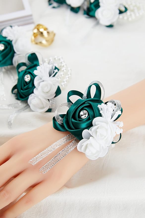 Meldel Wrist Corsages for Wedding, 4PCS Green Rose Wrist Corsage Bridal Bridesmaid, Artificial Corsage for Wedding Mother of Bride and Groom