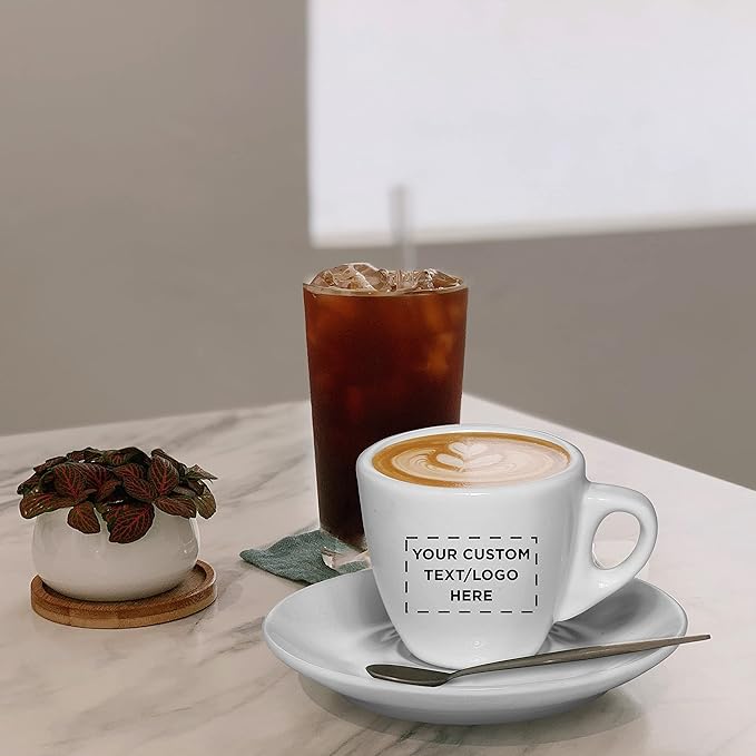 Custom Espresso Cups with Saucer 2.5 oz. Set of 50, Personalized Bulk Pack - Perfect for Coffee, Tea, Espresso, Hot Cocoa, Other Beverages - White