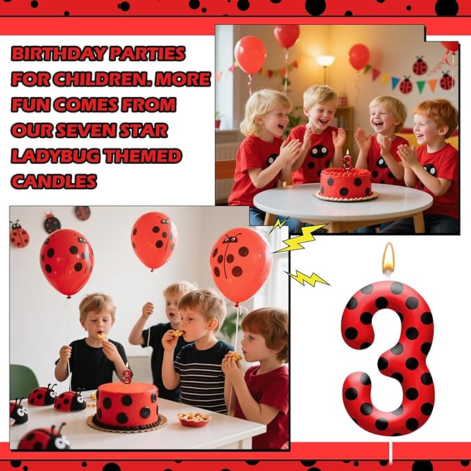 Ladybug Theme Birthday Candles - Red & Black Polka Dot Decorative Candles for Kids Ladybug Themed Parties, Baby Showers, Birthday Cakes, and Ladybird Inspired Celebrations(Number 3)