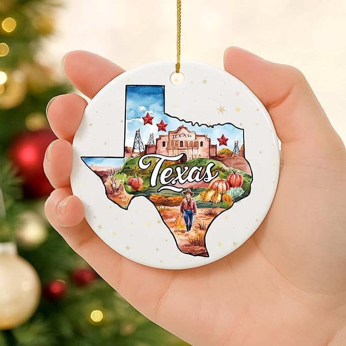 USA State Landmark Ceramic Ornament β Round Glossy Christmas Decoration Featuring U.S. State Art, Landmarks & Holiday Scenery β Collectible Travel Souvenir Ornament Series (Texas)