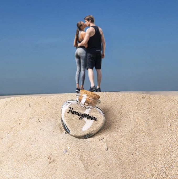 Honeymoon Sand Keepsake Jar, Bridal Shower, Wedding, Engagement, Honeymoon, Travel Gift for Couples, Newlywed, Fiance(Gift Box Includes) - 40ml Heart Shape Glass