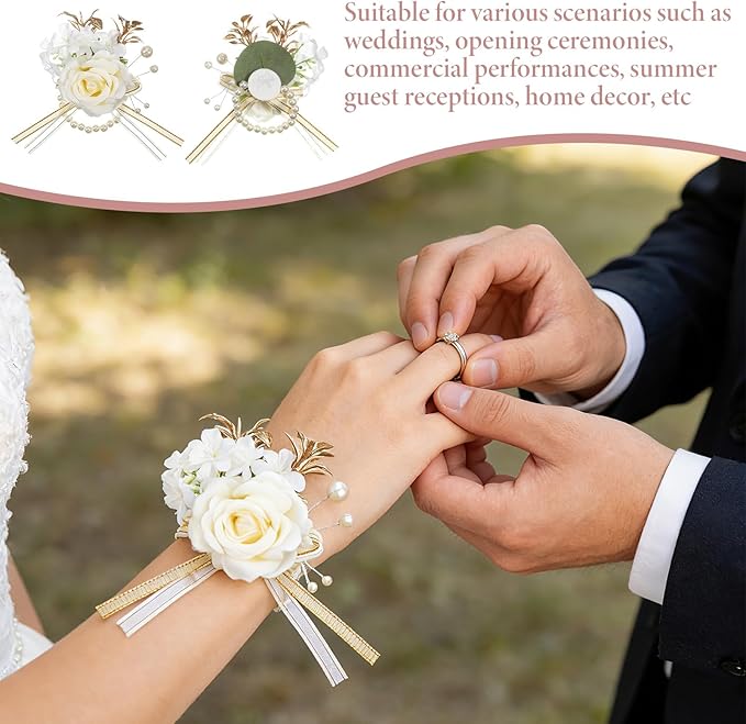 6 Pcs Rose Wrist Corsage, Champagne Artificial Flower Wristlet for Bride Exquisite Ceremony Accessories for Party, Wedding, Anniversary