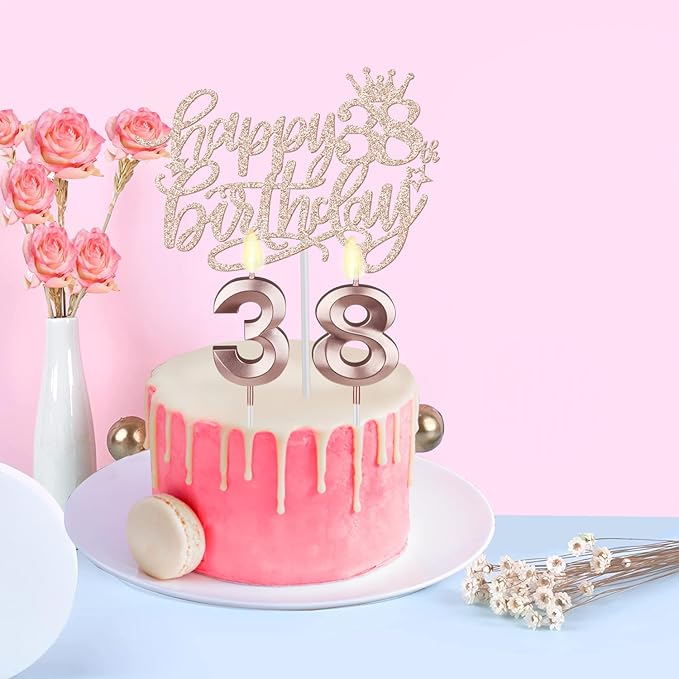 38th Birthday Decorations for Women Including Birthday Sash, Tiara/Crown, Numeral Candles and Cake Topper, 38 Year Old Gifts for Women, Rose Gold Party Decor Supplies