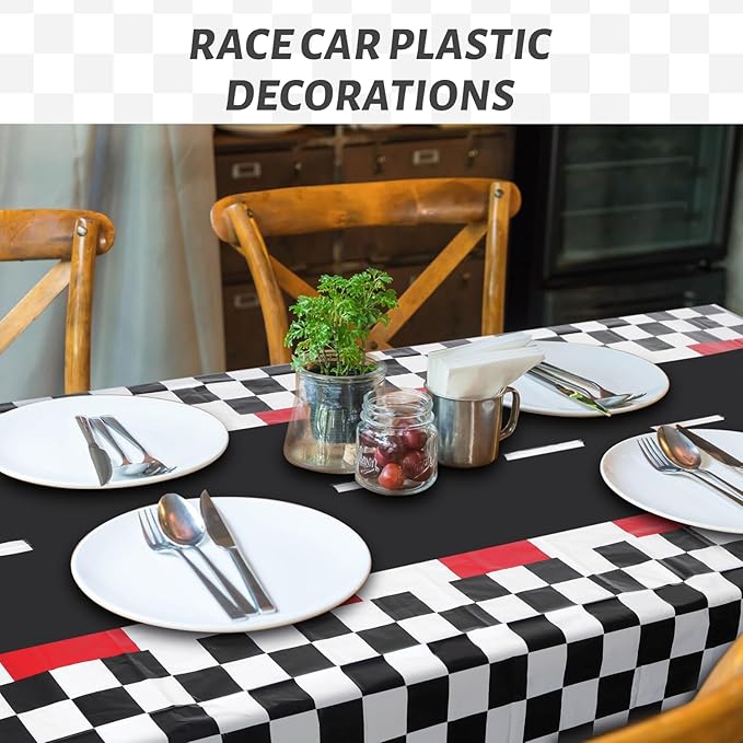 3PCS Race Car Table Cloth Birthday Party Decorations,Cars Birthday Decorations,Plastic Race Car Themed Rectangular Tablecloths Road Table Runner 54" x 108",Checkered Race Car Party Decorations