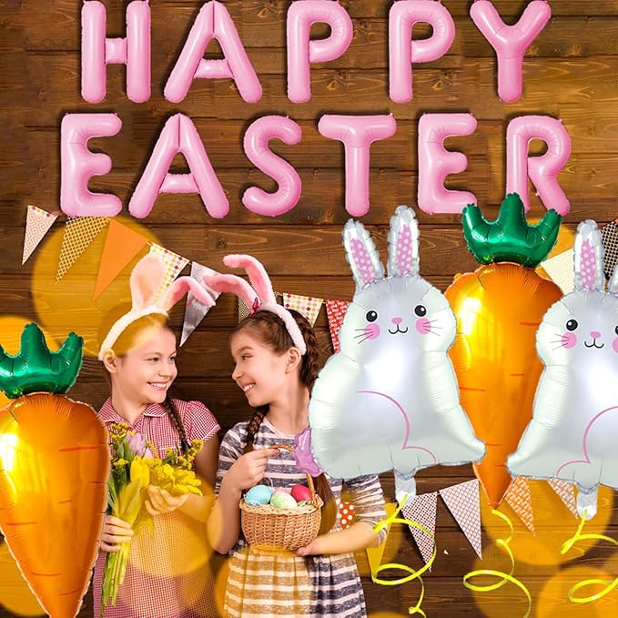 Pink Easter Balloons Carrot Balloon Bunny Rabbit Foil Balloon for Happy Easter Party Decorations Bunny Birthday Party Supplies Balloons Set-15 Pcs