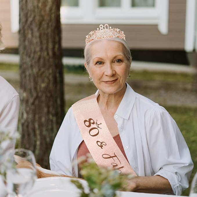 Semato Rose Gold 80th Birthday Tiara and Sash Glitter Kit for Women - 80th Birthday Gifts and Party Supplies