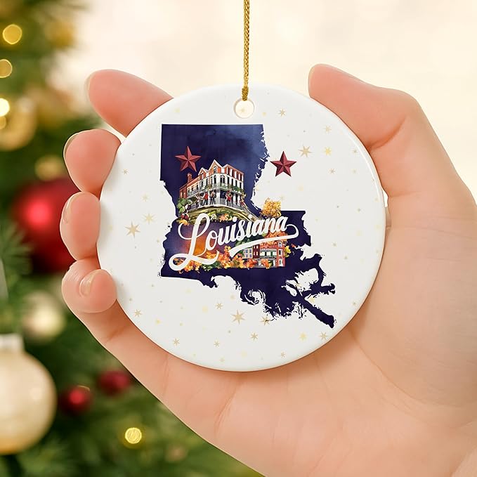USA State Landmark Ceramic Ornament β Round Glossy Christmas Decoration Featuring U.S. State Art, Landmarks & Holiday Scenery β Collectible Travel Souvenir Ornament Series (Louisiana)