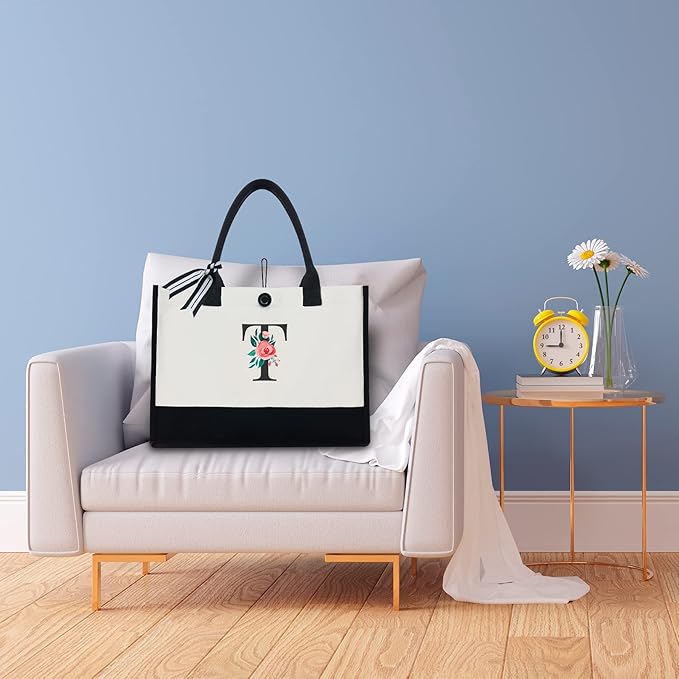 Initial Canvas Tote Bag, Personalized Birthday Gifts for Women Mom Friends Teachers, Monogrammed Tote Bags Suitable for Mother's Day Wedding Beach (Letter T)