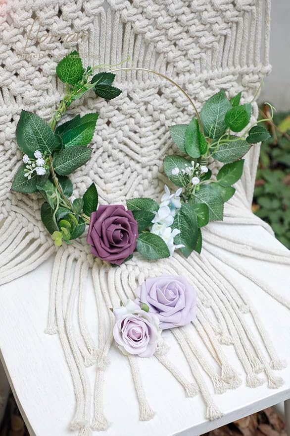 Floroom Artificial Flowers 25pcs Real Looking Plum Foam Fake Roses with Stems for DIY Wedding Bouquets Bridal Shower Centerpieces Floral Arrangements Party Home Decorations