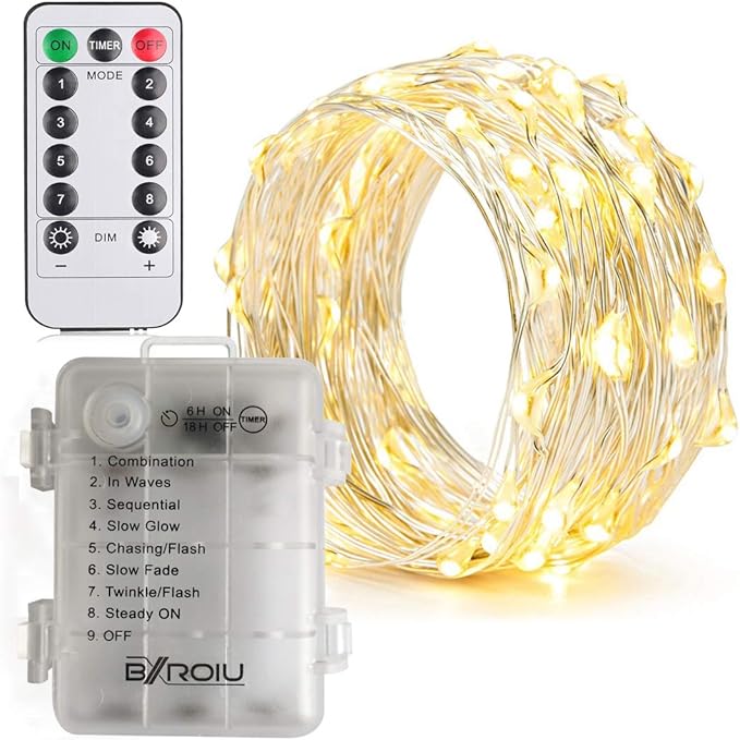 BXROIU 2 x Fairy Lights Battery Operated,Silver Wire Chains 8 Mode 16Ft/5Meter 50 LEDs Timer String Lights with Remote Control for Bedroom Christmas Party Wedding Decoration(Warm White)
