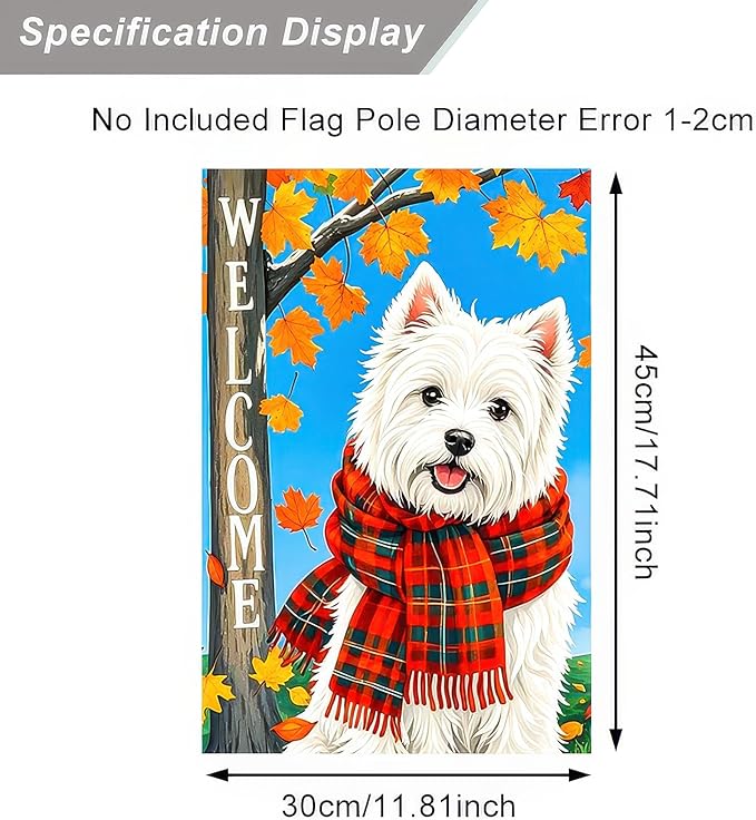 BlissYard Welcome Fall Garden Flag 12x18 Inch Double Sided White Dog Flags with Plaid Scarf Yard Banner Autumn Leaf Small Flag for Porch Lawn Outdoor Thanksgiving Decoration