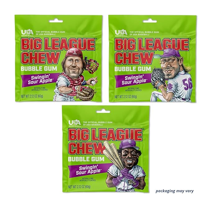 Big League Chew Swingin' Sour Apple Bubble Gum - Tart & Tangy Apple Flavor Burst | Ideal for Baseball Games, Teams, Concessions, Parties, and More | Pack of 12 Bags (2.12oz Each)