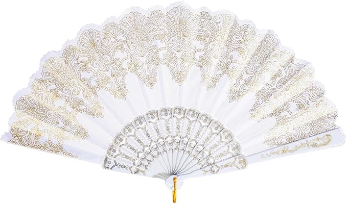 QIRMIZI 10 Pack Folding Handheld Fans,Silk Spanish Fan, Perfect for Weddings, Parties, and Dancing,White