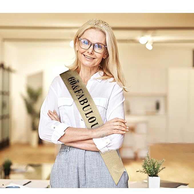Casoty 60th Birthday Sash and Tiara for Women, Gold Crown 60 and Fabulous Sash & Crown Set, 60th Birthday Gifts for Women, 60th Birthday Decorations Women