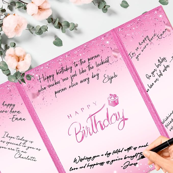 Crenics Hot Pink Birthday Decorations for Women, Creative Birthday Guest Sign in Book Alternative, Happy Birthday Signature Book 18" x 12", Awesome Birthday Gifts for Girls