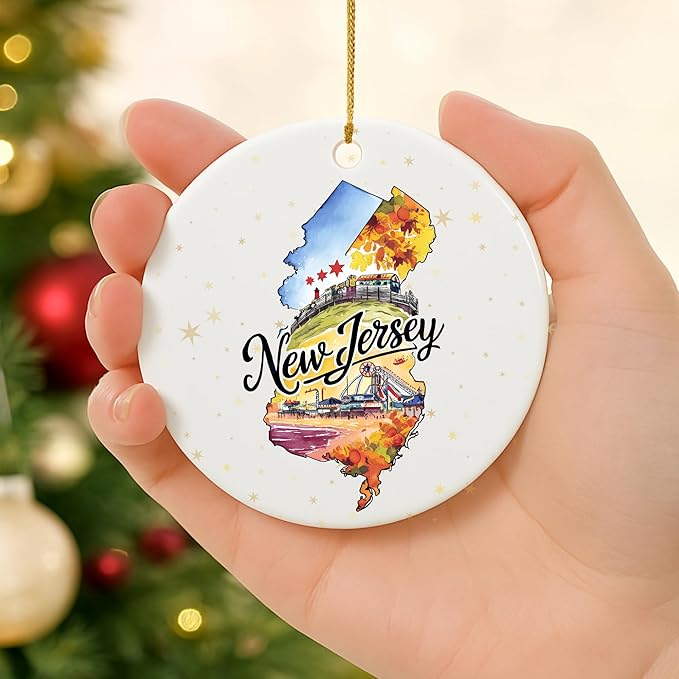USA State Landmark Ceramic Ornament β Round Glossy Christmas Decoration Featuring U.S. State Art, Landmarks & Holiday Scenery β Collectible Travel Souvenir Ornament Series (New Jersey)
