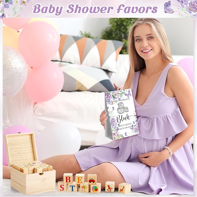 Marsui 136 Pcs Baby Shower Blocks to Decorate Game Kit Includes 98 Wooden Blocks, 36 Markers, 1 Game Sign, 1 Storage Box for Baby Shower Gender Reveal Activity Party Decorations(Butterfly)