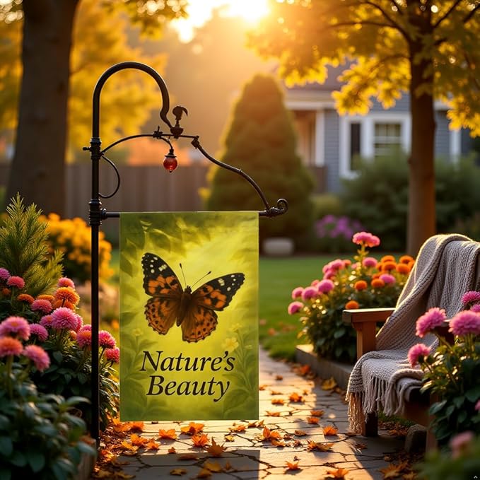 FLAGMEUP8386 Welcome Butterfly Garden Flag 12x18 Inch Double-Sided Polyester Fall Flag with Monarch and Painted Lady on Glowing Leaves, “Nature’s Beauty Quote Seasonal Yard Decoration