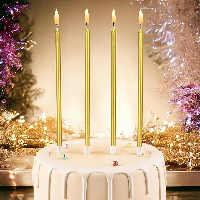 Long Thin Gold Birthday Candles for Cakes, Pack of 12 Pieces Long Gold Party Candles with Candle Holders, Tall Candles for Wedding, Birthday, Party Decorations, Anniversary and Meetups