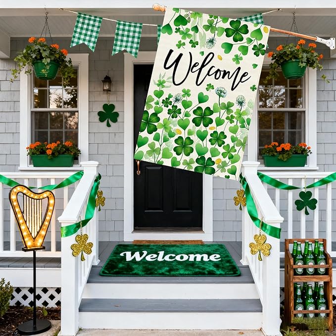 Baccessor St.Patrick's Day Welcome House Flag 28x40 Inch Double Sided,Green Lucky Shamrock Clover Large Garden Flag Holiday Porch Patio Farmhouse Outdoor Outside Decoration