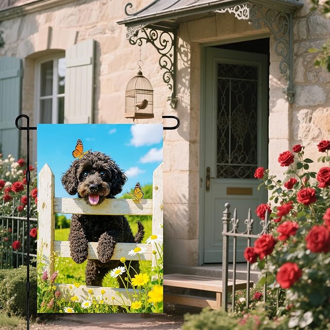 IVN Spring Garden Flag 12x18 Inch Double Sided Curly Brown Dog and Butterfly Scene Outdoor Yard Flag for Outside Front Door Lawn Porch Patio Welcome Decor