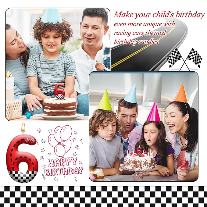 Racing Car Theme Birthday Candle with Checkered Flag Design - Durable Cake Topper for Race Car Party Decorations,Birthday Supplies - Number 6 Candle for Racing Themed Celebrations
