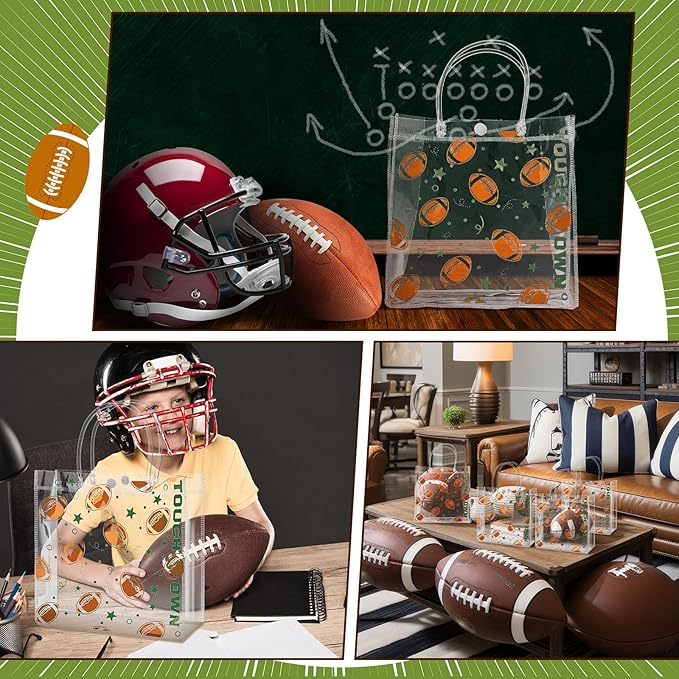 Sweetude 24 Pcs Football Gift Bags Bulk Brown and Green Clear PVC Goodie Bags with Handles 7.87 x 3.1 x 7.87 Inch Reusable Treat Wrapping Exchange Gift for Team Birthday Bowl Party Sport Favor